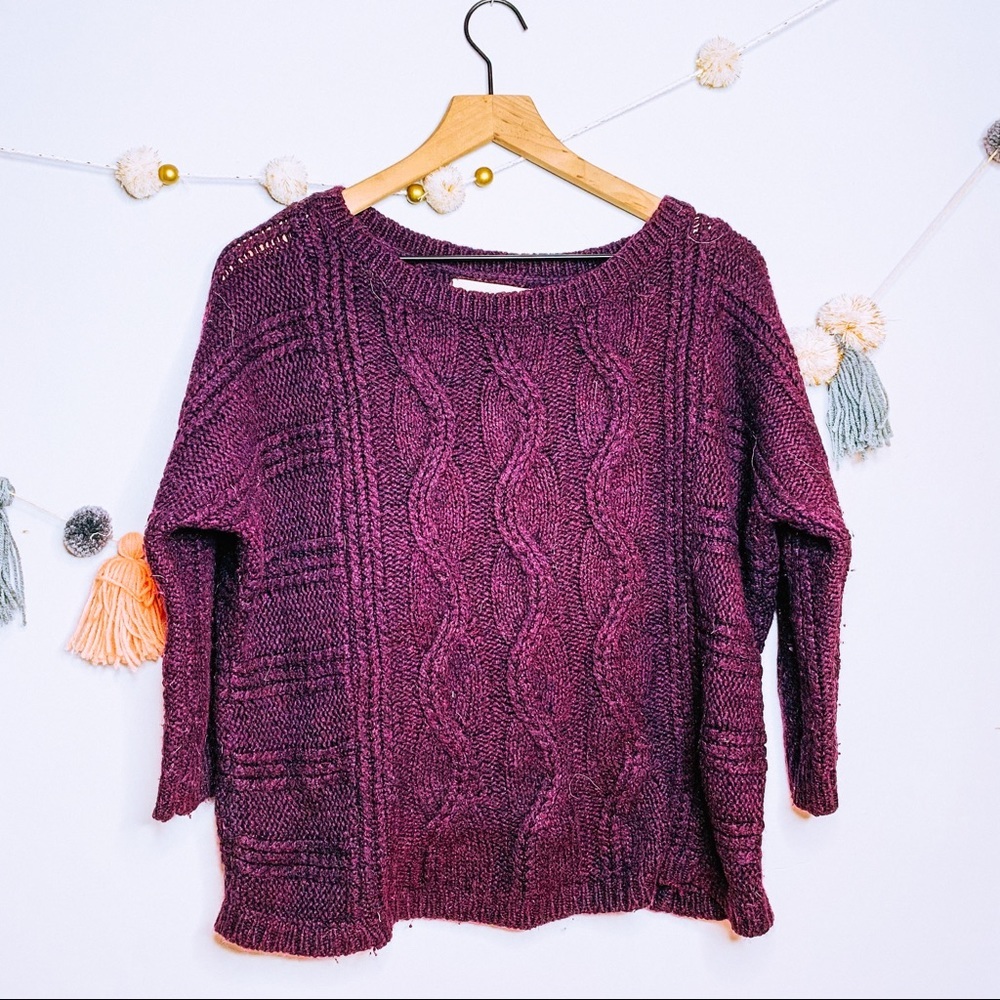 LOFT cable knit deep purple wool blend sweater